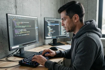 Développeur utilisant un terminal Linux pour naviguer entre répertoires avec la commande popd sur un poste de travail minimaliste