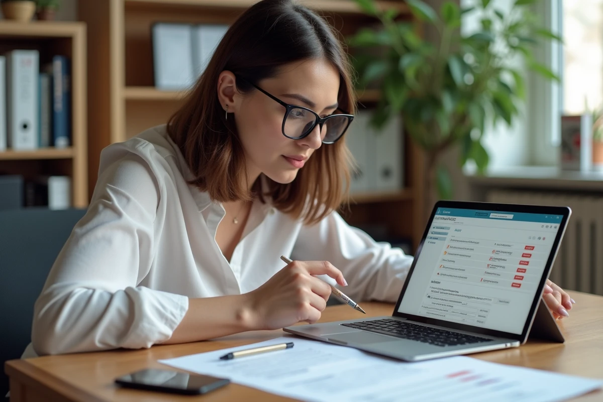 Développeuse analysant les erreurs de configuration phyLOGIC sur une tablette dans un bureau à domicile