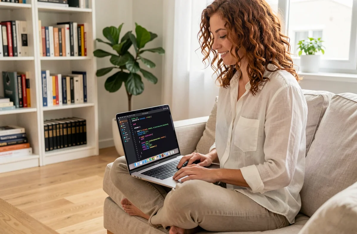 Développeuse travaillant sur macOS avec le terminal zsh et la commande popd dans un salon moderne et épuré