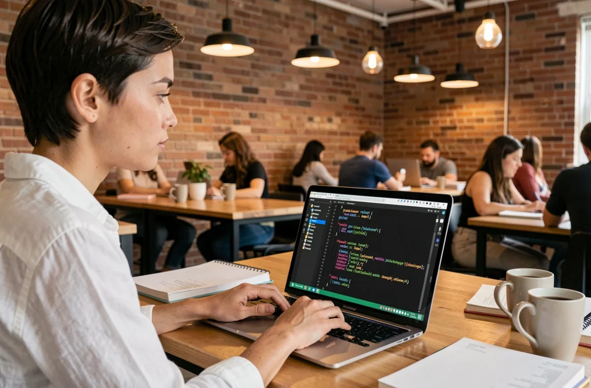 Développeuse analysant un script Python de lecture XML sur un MacBook dans un espace de coworking en briques apparentes