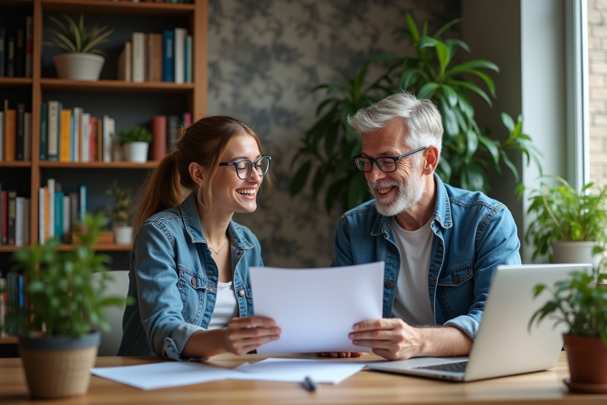 Une femme et un homme discutant dans un espace de travail à la maison