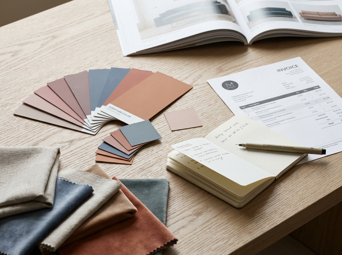 Échantillons de couleurs de meubles et tissus étalés sur un bureau pour illustrer l'impact des teintes sur les décisions d'achat