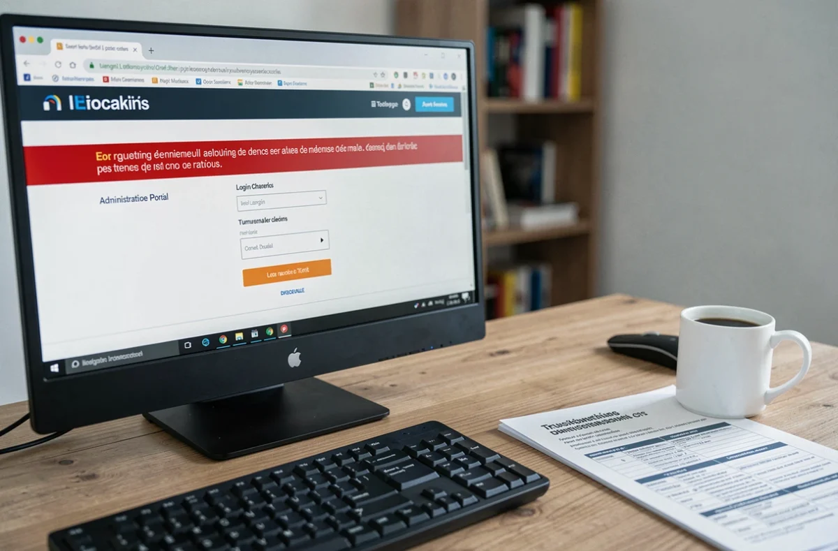 Écran d'ordinateur affichant un message d'erreur de connexion sur un portail agent avec une checklist de dépannage posée sur le bureau