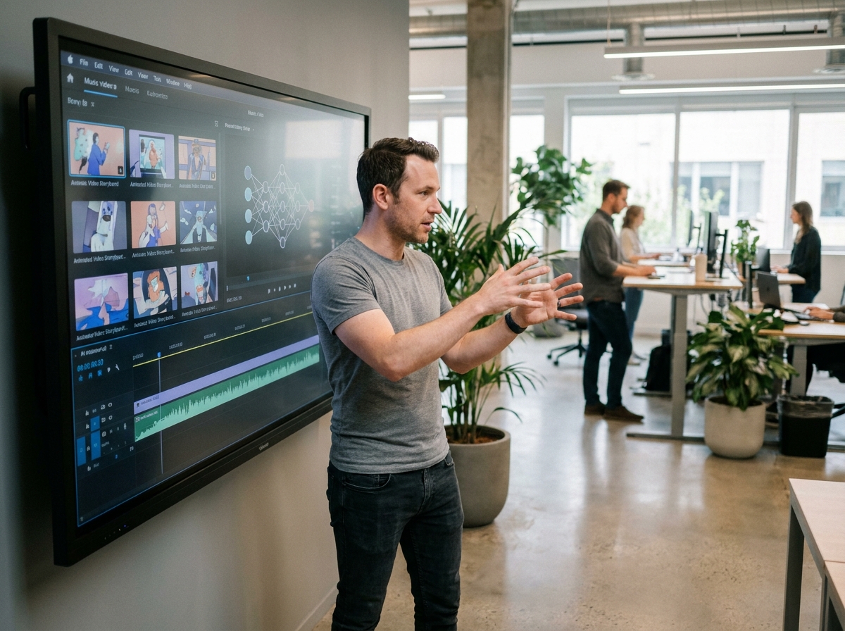 Designer masculin interagissant avec une interface d'édition vidéo IA sur écran tactile dans une agence créative moderne