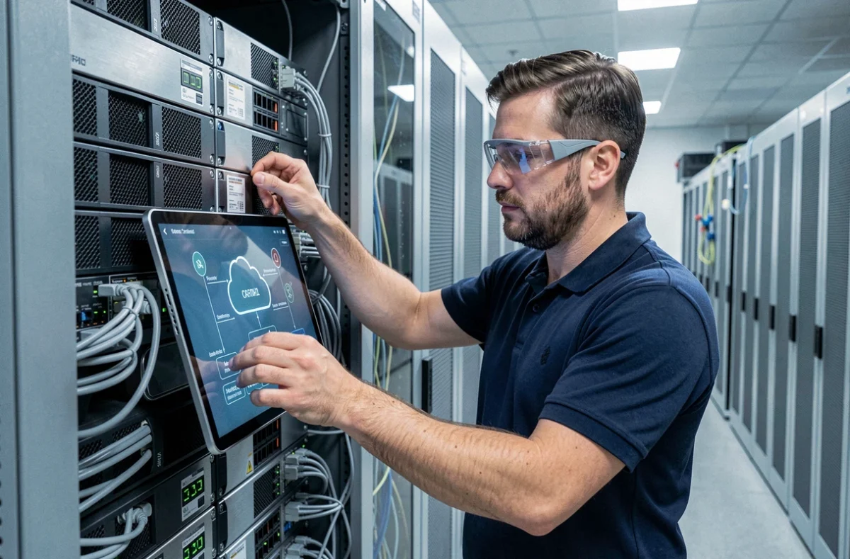 Technicien installant un serveur dans un datacenter moderne pour une PME, illustrant les services cloud et infrastructure d'Éléphant Technologies