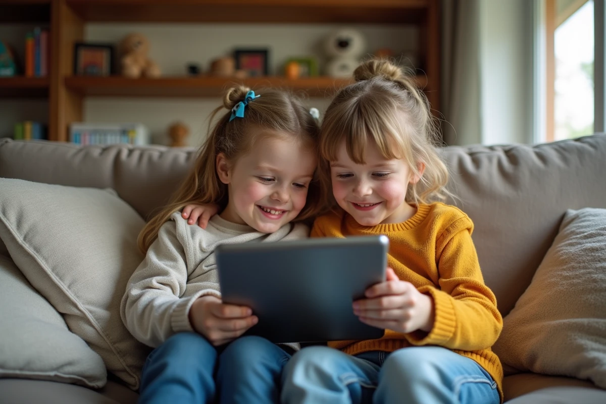 Deux enfants regardant une tablette dans le salon familial