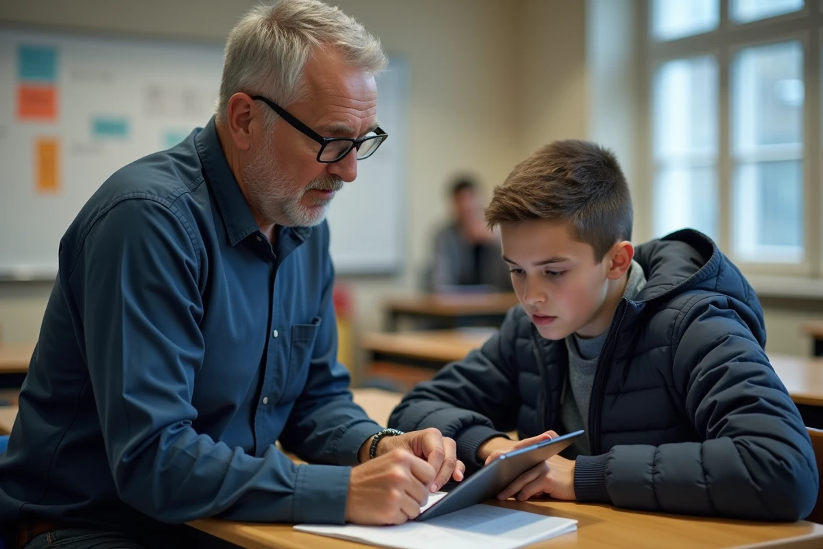 Enseignant accompagnant un élève lors de sa première utilisation de l'ENT41 sur une tablette en salle de classe