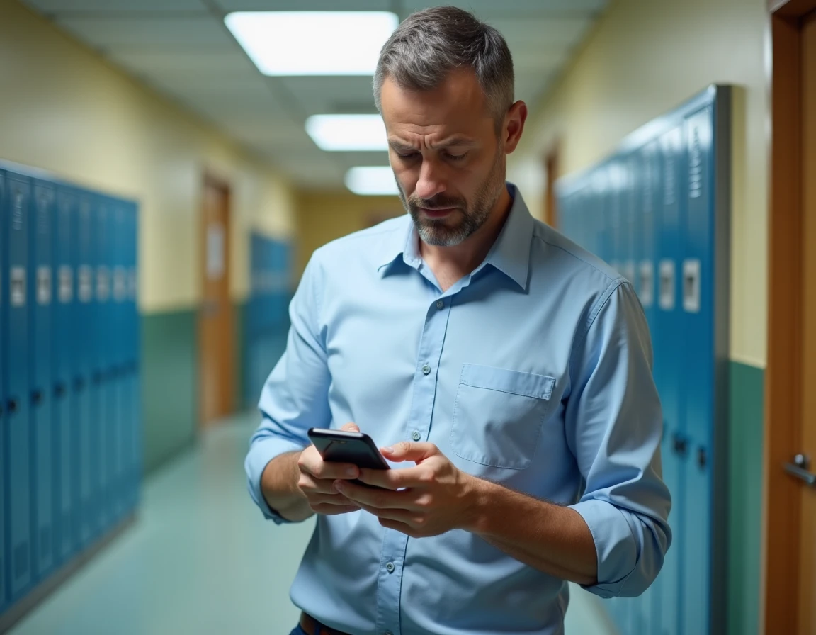 Enseignant accédant à l'intranet académique d'Amiens depuis un smartphone personnel dans un couloir scolaire