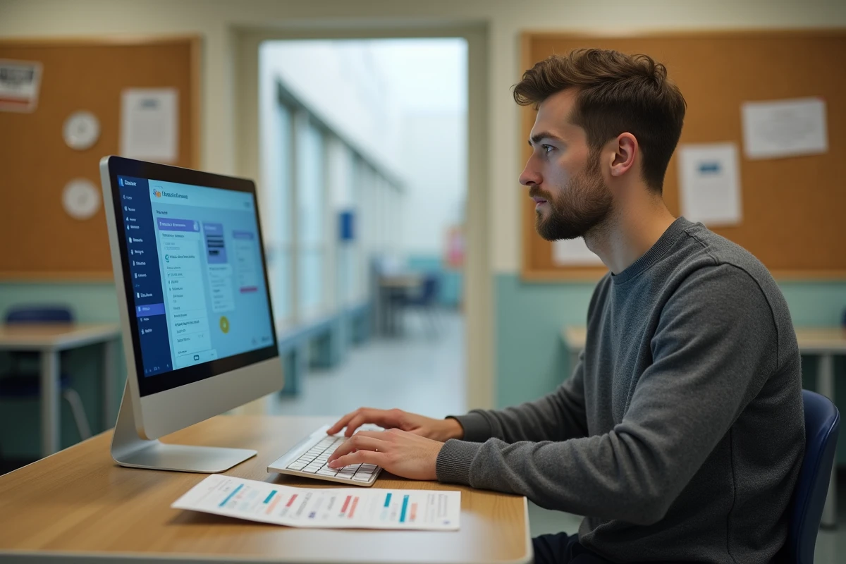 Enseignant consultant le portail académique Convergence de la DSDEN Gironde depuis la salle des professeurs d'un établissement scolaire