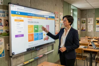 Enseignante devant un tableau interactif affichant un portail éducatif numérique dans une salle de classe canadienne