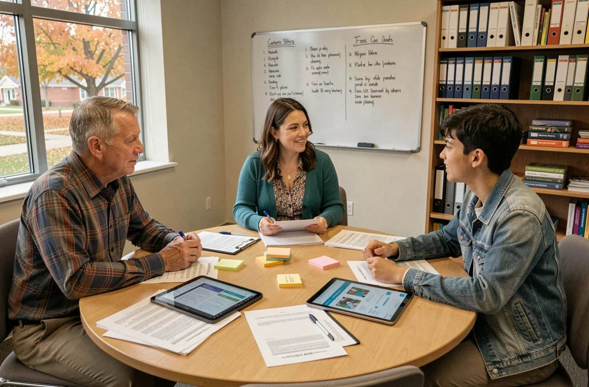 Groupe d'enseignants collaborant autour de ressources pédagogiques numériques et imprimées dans une salle des professeurs