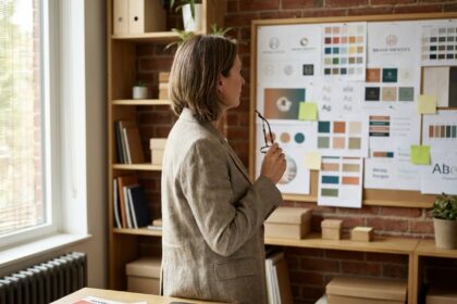 Entrepreneuse de PME examinant une planche d'identité de marque dans son studio de design avec swatches Pantone et typographies