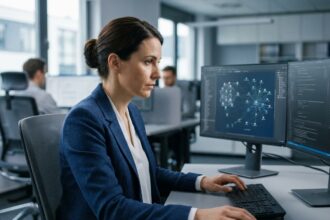 Analyste en cybersécurité interne travaillant sur des tableaux de bord de surveillance réseau dans un open space d'entreprise