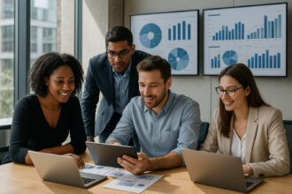Équipe diversifiée collaborant autour d'un bureau lumineux