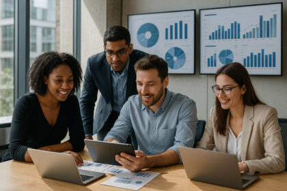 Équipe diversifiée collaborant autour d'un bureau lumineux