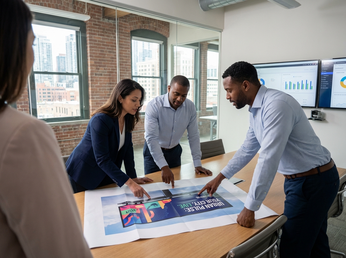 Groupe de trois professionnels du marketing en réunion