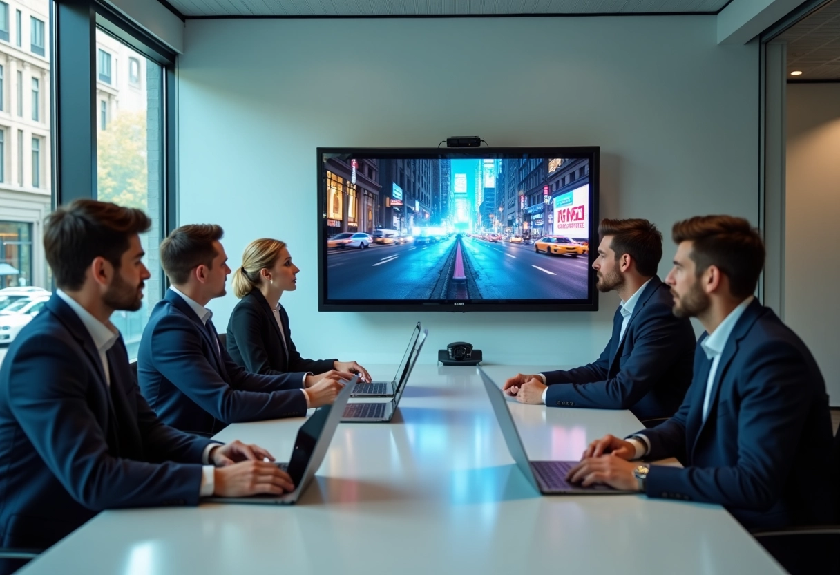 Groupe de trois professionnels du marketing en réunion