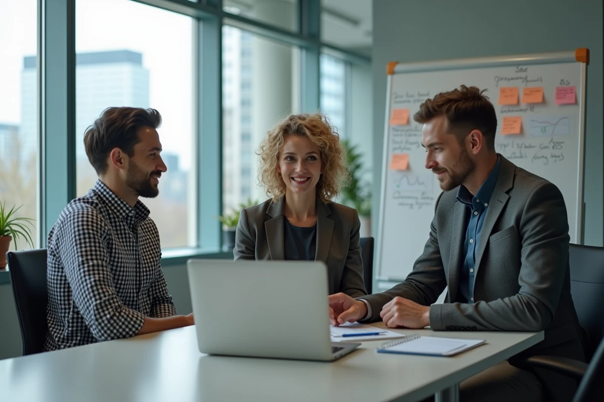 Équipe de professionnels discutant autour d'un intranet SaaS sur ordinateur portable en salle de réunion vitrée