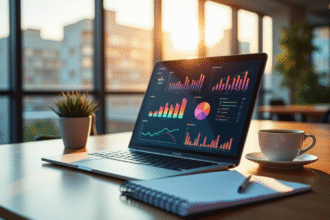 Espace de travail moderne avec ordinateur et graphiques colorés