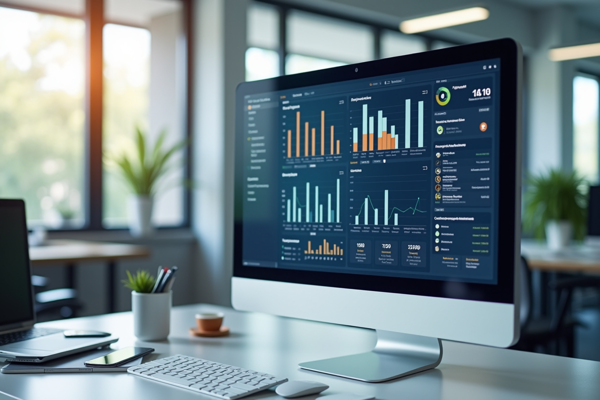 Espace de travail moderne avec tableau de bord numérique