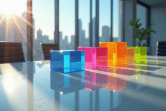Espace de travail moderne avec cubes IA lumineux