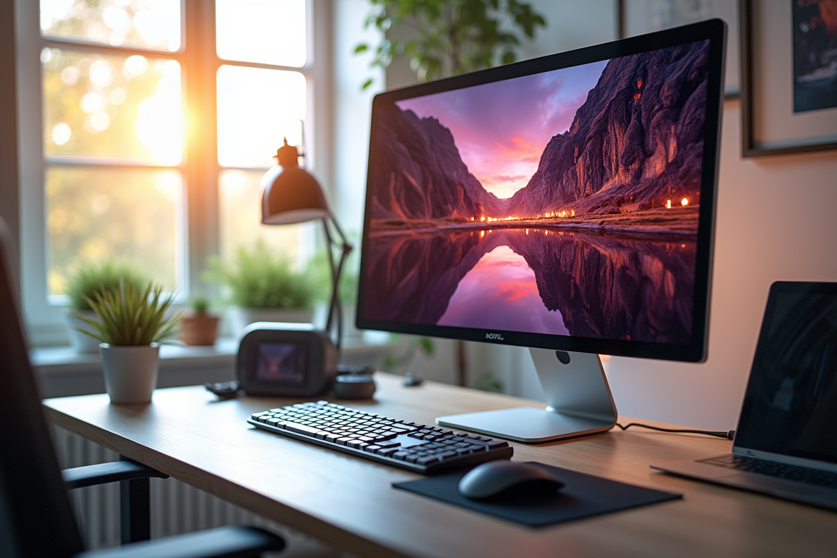 Espace de travail moderne avec grand moniteur 2160p lumineux