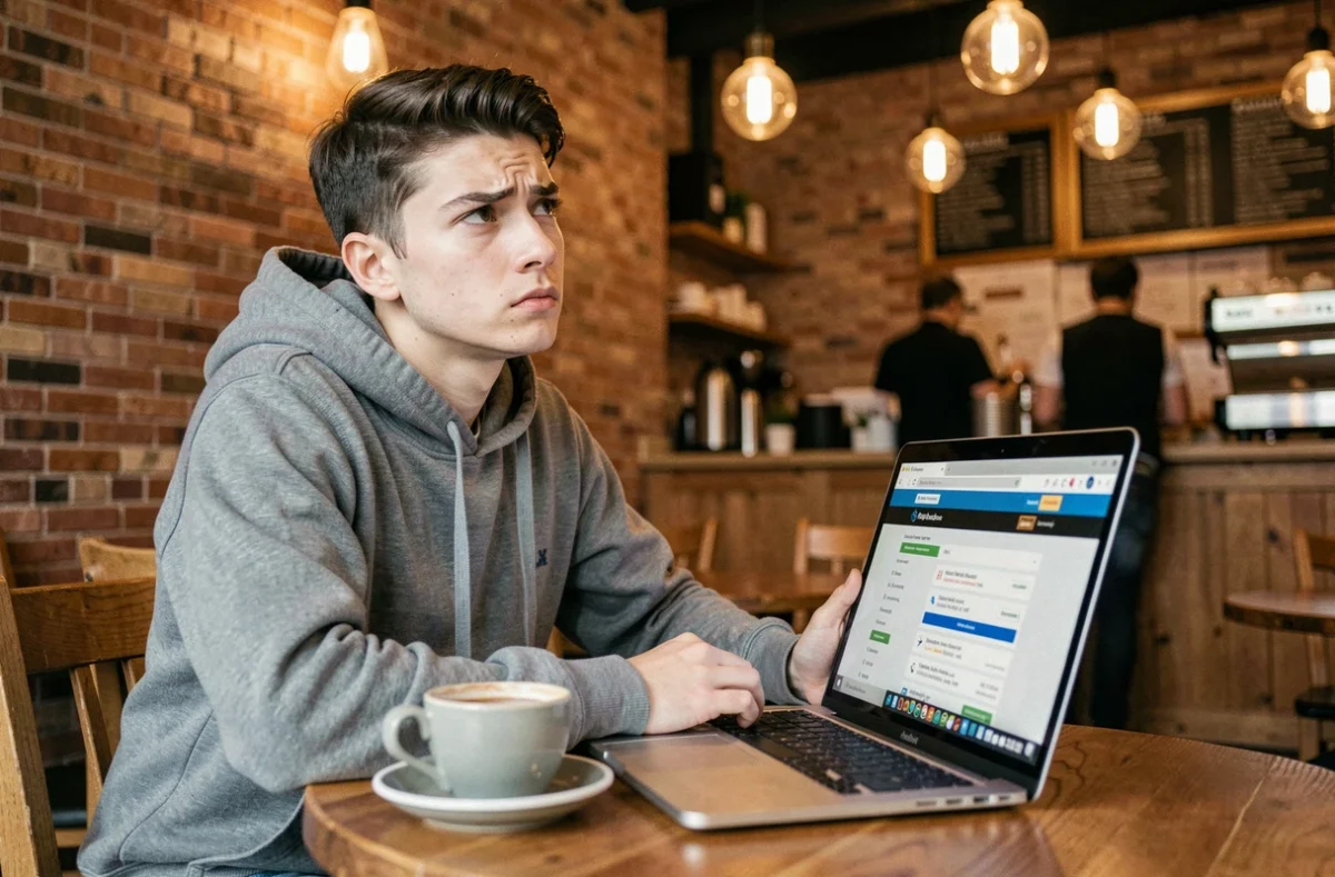 Étudiant dans un café regardant avec méfiance un site de téléchargement douteux sur son ordinateur portable