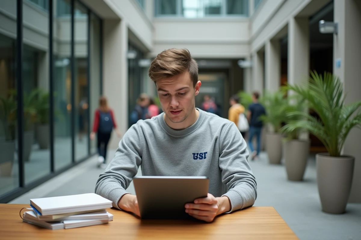Étudiant consultant les services de l'intranet Lyon 3 sur une tablette dans un espace commun du campus universitaire