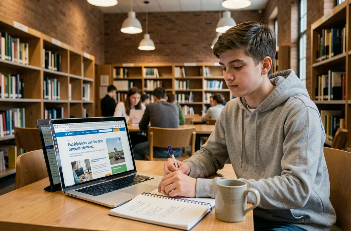 Étudiant consultant un site éducatif francophone sur ordinateur portable dans une bibliothèque scolaire moderne
