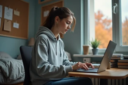 Étudiante connectée sur le webmail Mel de Rennes depuis sa chambre universitaire en période de rentrée