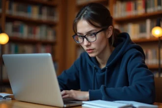 Étudiante de Lyon 3 découvrant des services cachés sur l'intranet universitaire depuis un ordinateur portable en bibliothèque
