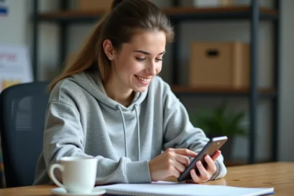Étudiante configurant sa messagerie académique SOGo sur smartphone dans un bureau universitaire