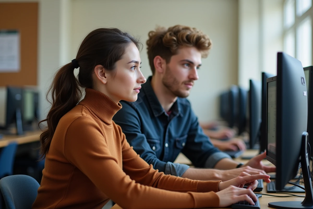Deux étudiants de l'université Lyon 3 explorant ensemble les fonctionnalités de l'intranet dans une salle informatique