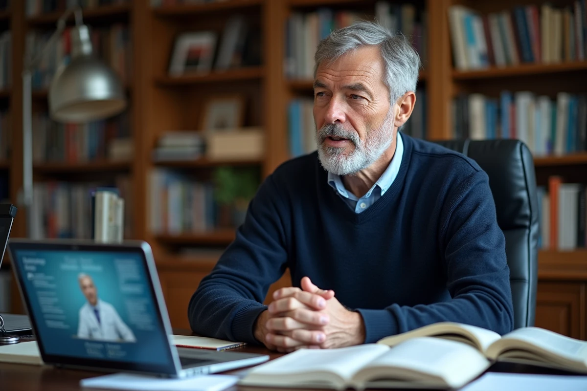 Expert académicien interrogé dans son bureau universitaire entouré de livres scientifiques et de notes de recherche