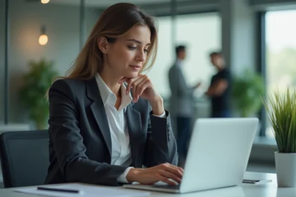 Femme d'affaires regardant un avis de privacy sur son ordinateur