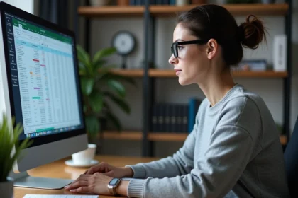 Femme professionnelle analysant une feuille de calcul Excel avec des données en lignes et colonnes sur un grand écran de bureau
