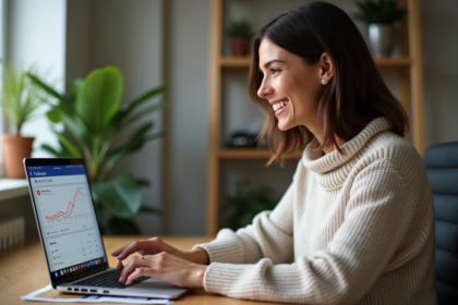 Femme analysant un tableau Facebook dans son bureau moderne