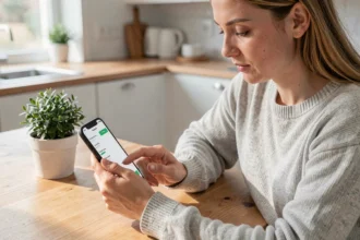 Femme consultant l'application RED&Moi sur son smartphone avant de résilier son abonnement mobile