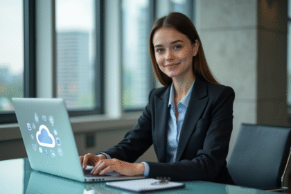Jeune femme en bureau moderne utilisant un ordinateur portable