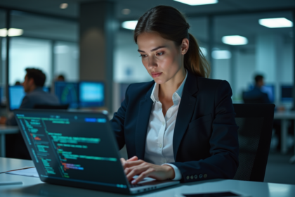 Femme en bureau regardant un écran avec code et alerte