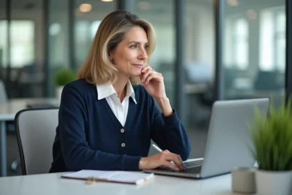 Femme d'âge moyen au bureau en pleine concentration