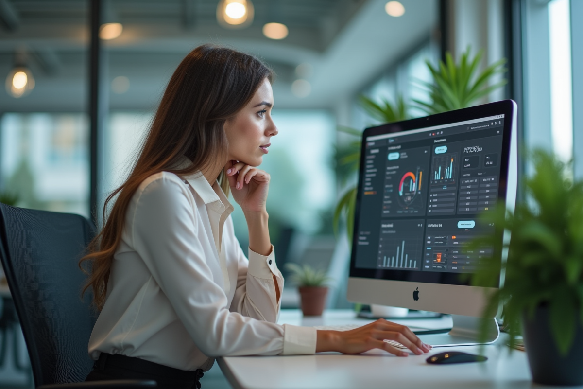 Jeune femme française analysant un tableau de bord au bureau