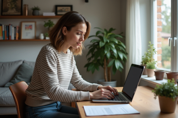 Femme au bureau à domicile utilisant un ordinateur portable