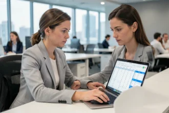 Femme travaillant sur Excel avec des cellules figées visibles à l'écran dans un bureau moderne