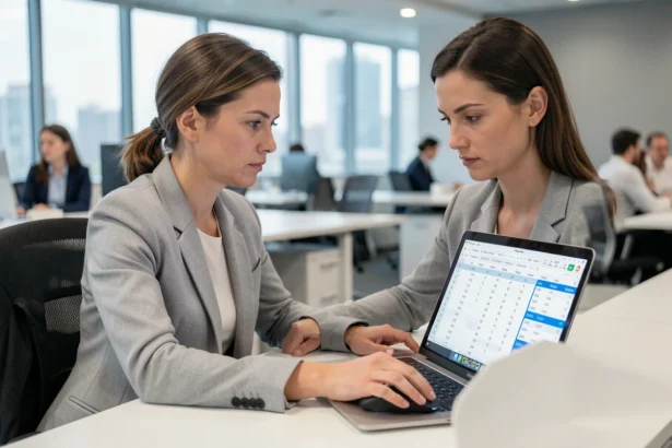 Femme travaillant sur Excel avec des cellules figées visibles à l'écran dans un bureau moderne