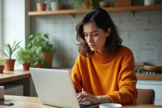 Femme d age moyenne vérifiant ses emails dans une cuisine moderne