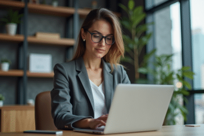 Femme en blazer travaillant sur un ordinateur en bureau