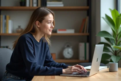 Jeune femme au bureau utilisant un ordinateur portable