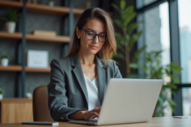 Femme en blazer travaillant sur un ordinateur en bureau