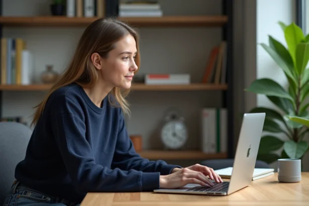 Jeune femme au bureau utilisant un ordinateur portable